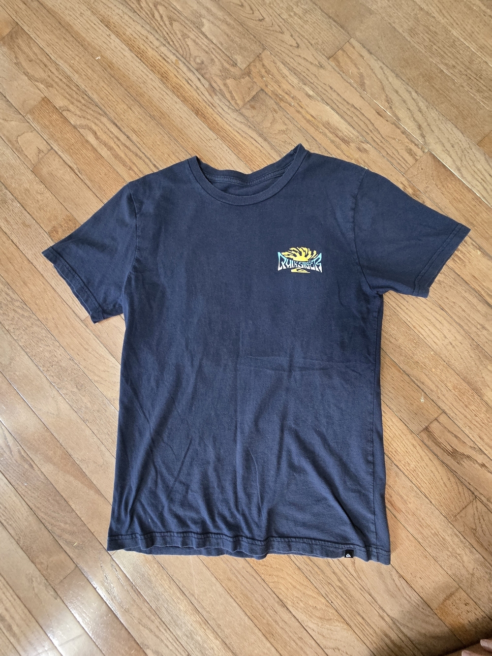 Quiksilver Navy Blue Short Sleeve Tee with Yellow Chest Graphic